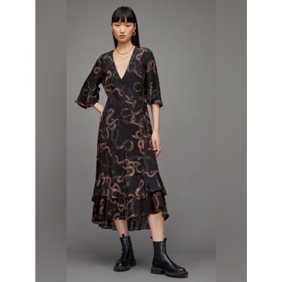 All Saints Dresses & Skirts - AllSaints Delana Tempest Wrap Slip Dress in deep green with snake- print